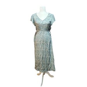 Frye and Co Cottagecore Dress Green Cream Floral Print Midi Short Sleeve‎ Size M